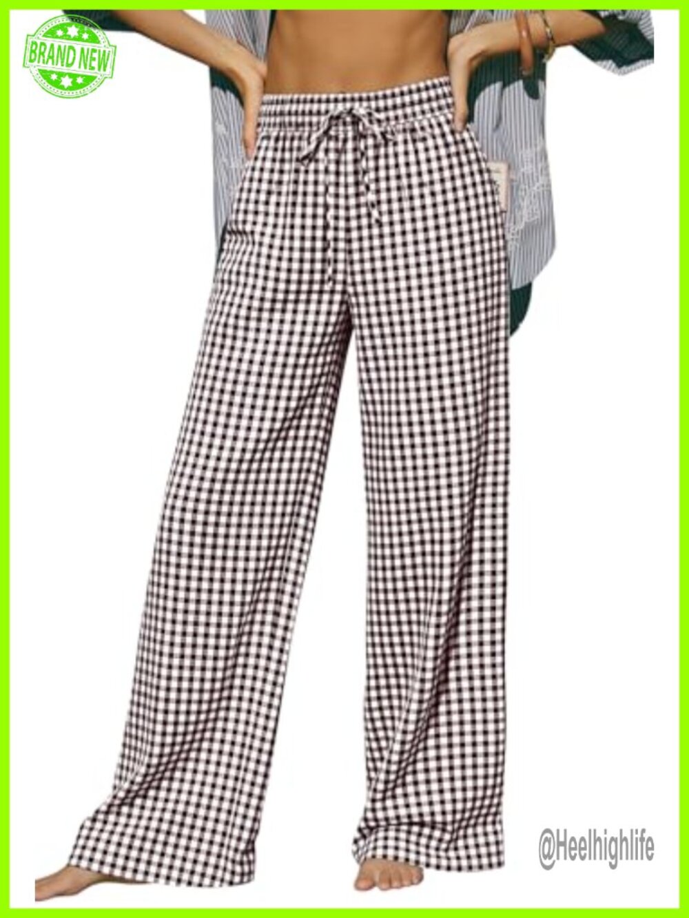 Cotton Plaid Wide Leg Palazzo Lounge Pants with Pockets